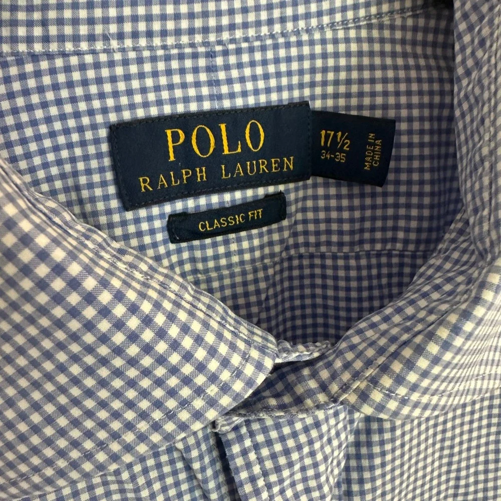 Polo Ralph Lauren Shirt Men 17.5 Blue Gingham Classic Fit Long Sleeve ButtonDown